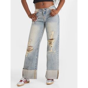 WOMEN'S TRUE RELIGION LEILA CUFFED LOW RISE BAGGY DENIM JEANS Sz 32